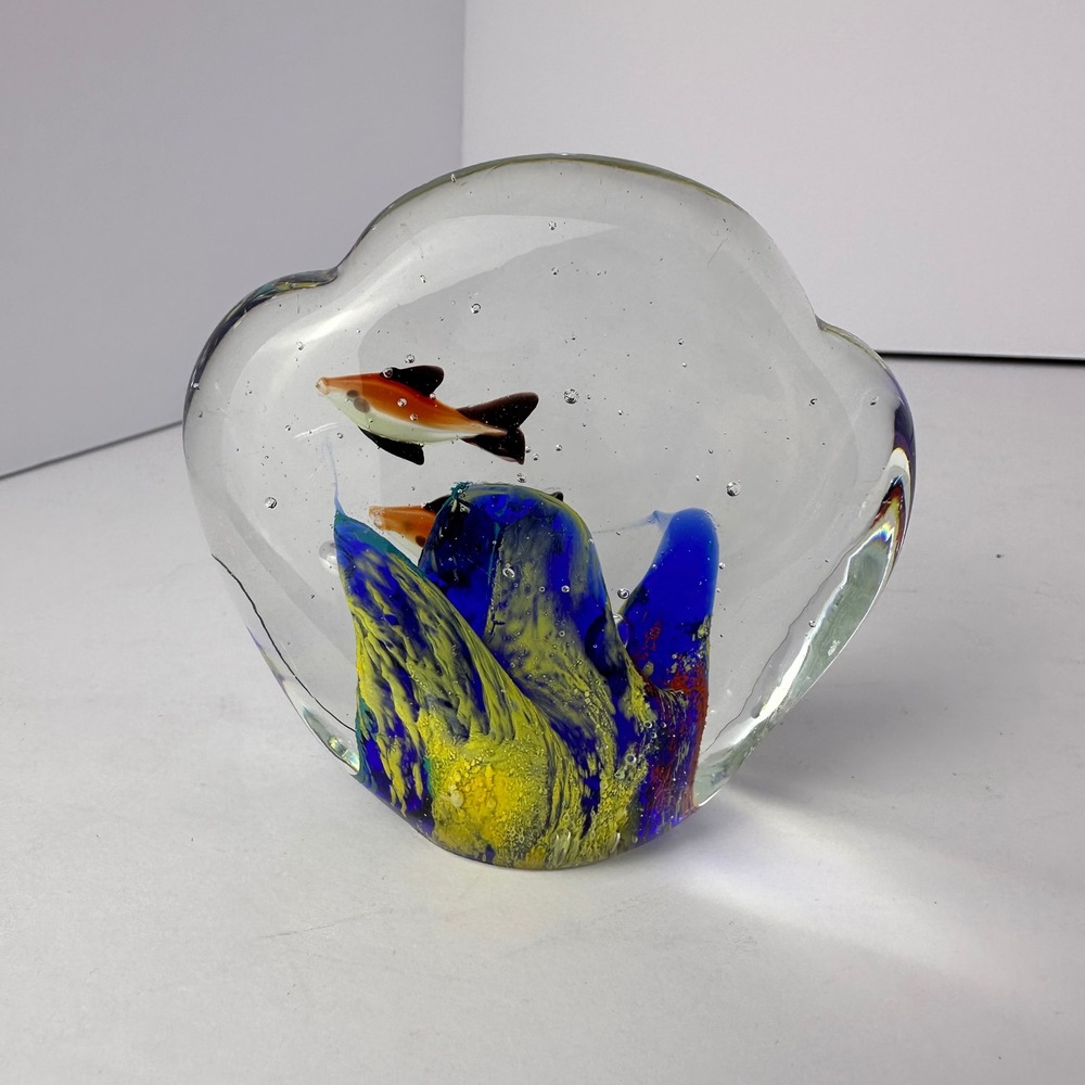 Art Glass Fish Paperweight‎ Murano Style Underwater Scene Blue Yellow 4 Inch